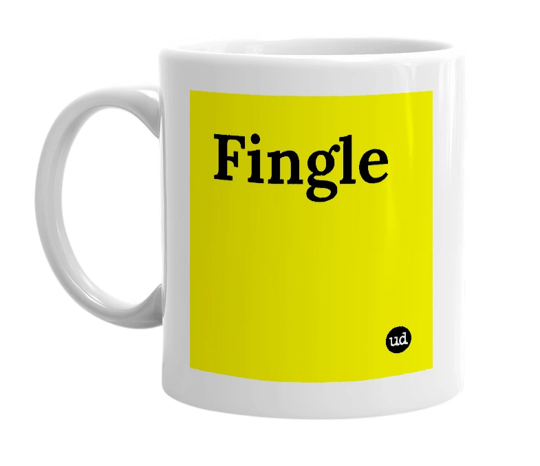 White mug with 'Fingle' in bold black letters