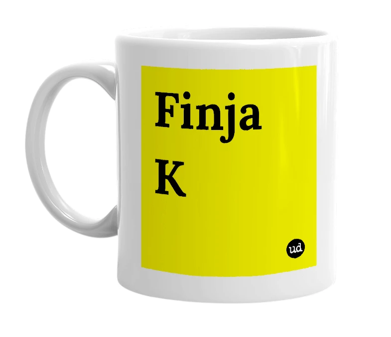 White mug with 'Finja K' in bold black letters