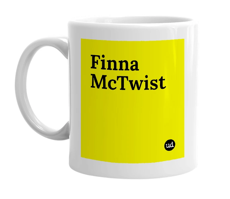 White mug with 'Finna McTwist' in bold black letters