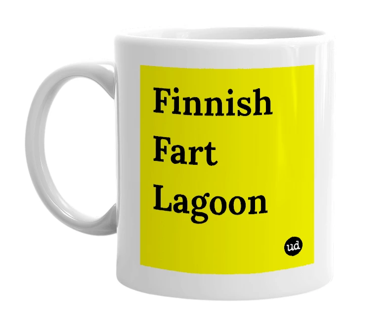 White mug with 'Finnish Fart Lagoon' in bold black letters