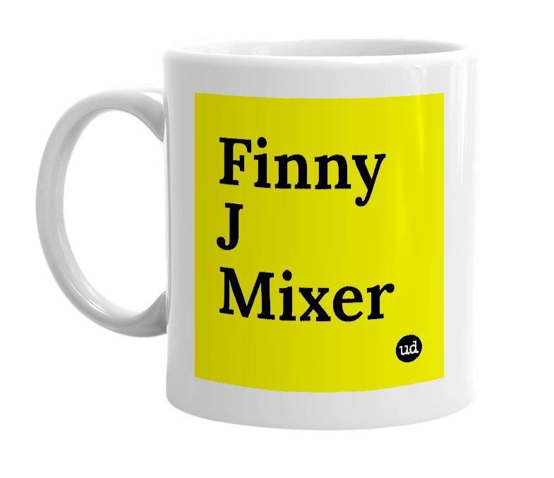 White mug with 'Finny J Mixer' in bold black letters