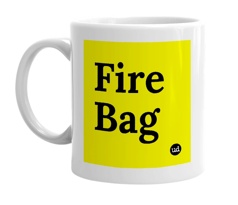 White mug with 'Fire Bag' in bold black letters