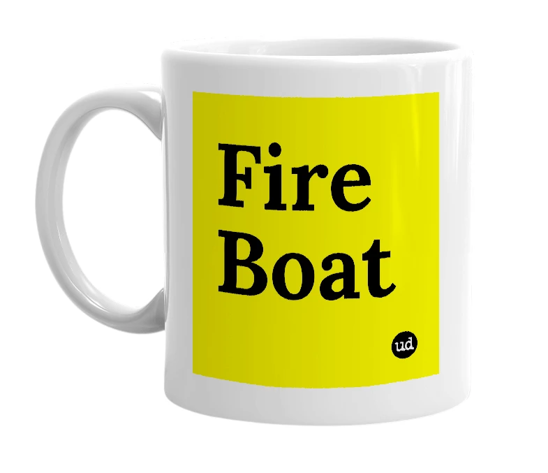 White mug with 'Fire Boat' in bold black letters