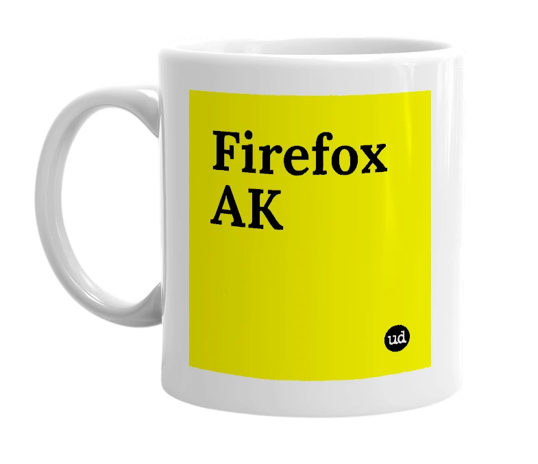 White mug with 'Firefox AK' in bold black letters