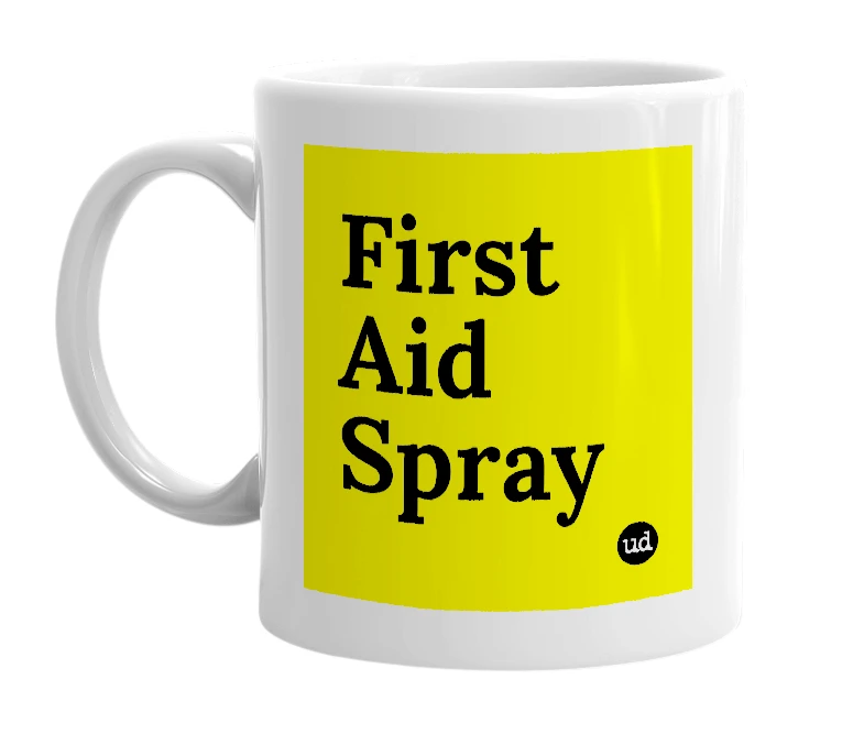 White mug with 'First Aid Spray' in bold black letters