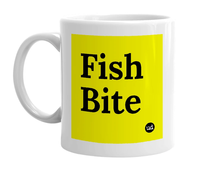White mug with 'Fish Bite' in bold black letters