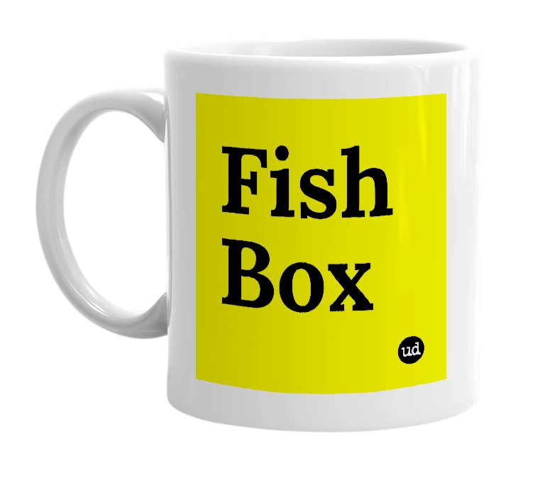 White mug with 'Fish Box' in bold black letters