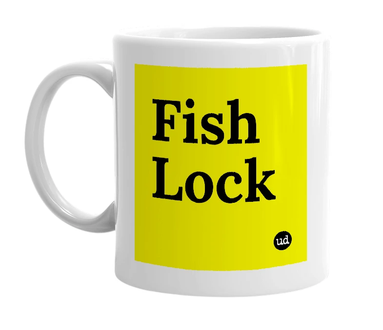 White mug with 'Fish Lock' in bold black letters