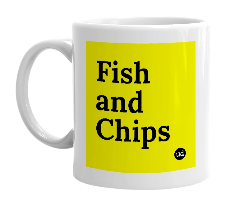 White mug with 'Fish and Chips' in bold black letters