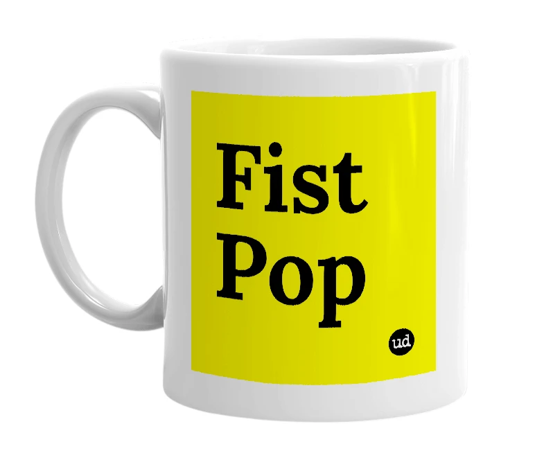 White mug with 'Fist Pop' in bold black letters