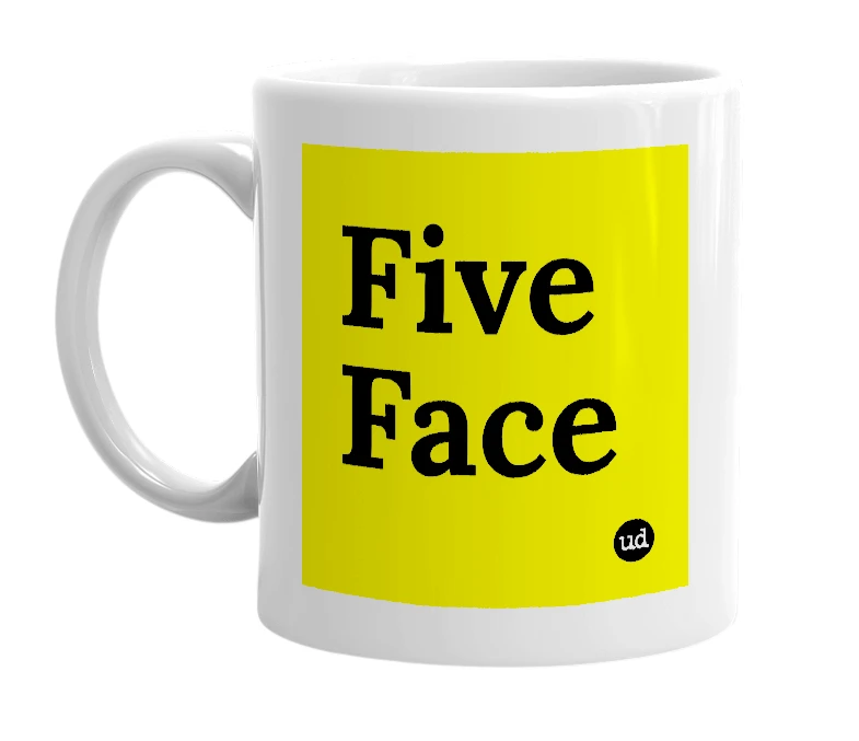 White mug with 'Five Face' in bold black letters