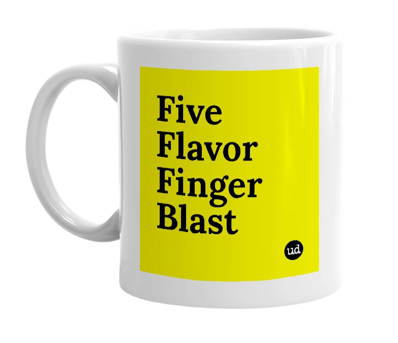 White mug with 'Five Flavor Finger Blast' in bold black letters