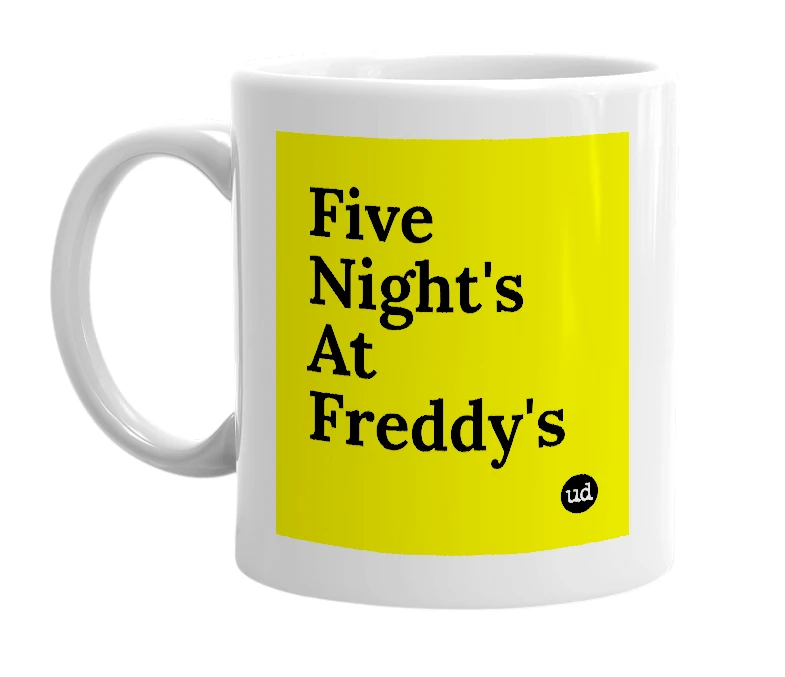 White mug with 'Five Night's At Freddy's' in bold black letters