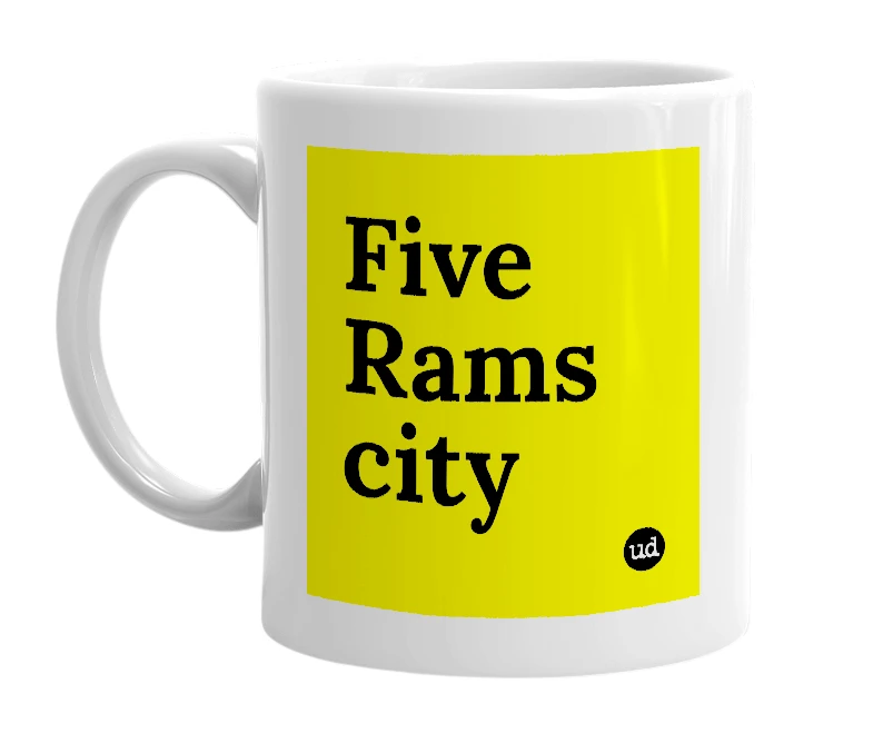 White mug with 'Five Rams city' in bold black letters