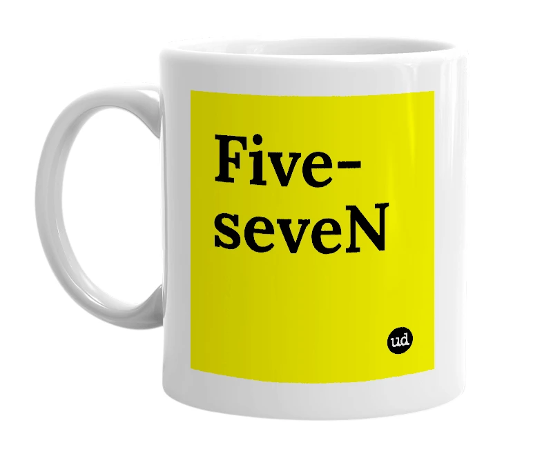White mug with 'Five-seveN' in bold black letters
