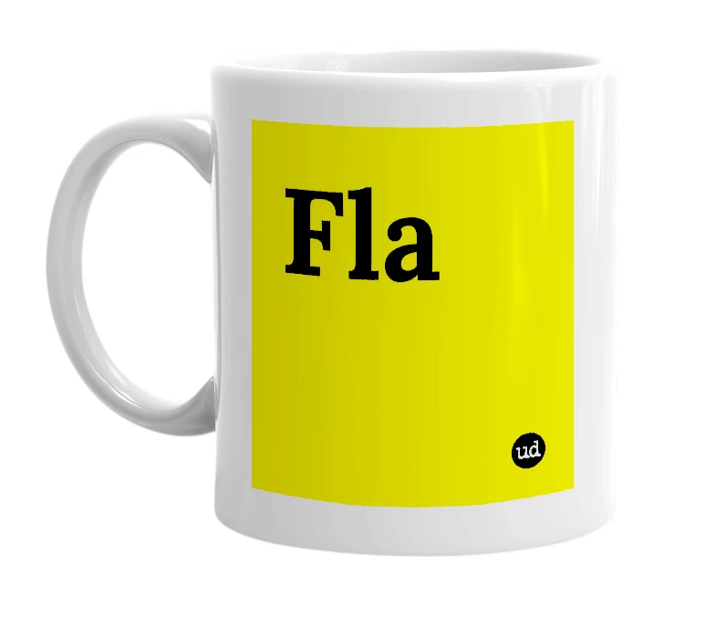 White mug with 'Fla' in bold black letters