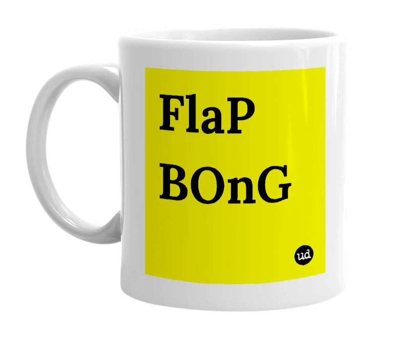 White mug with 'FlaP BOnG' in bold black letters