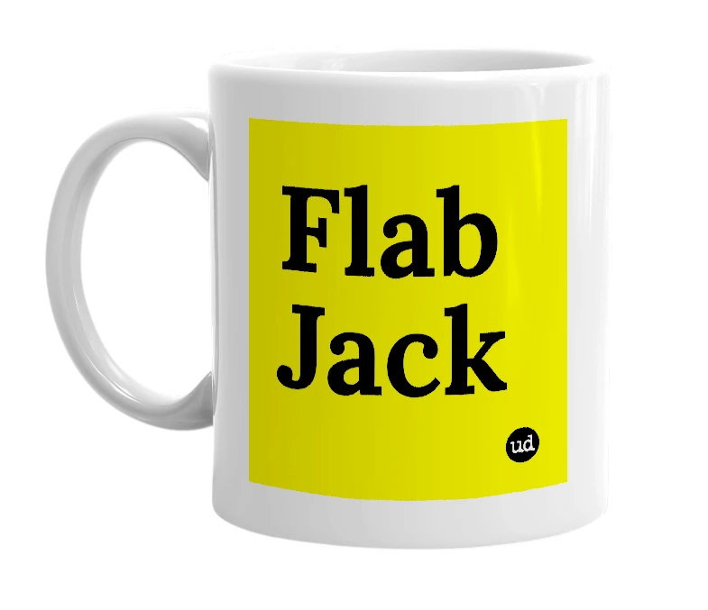 White mug with 'Flab Jack' in bold black letters