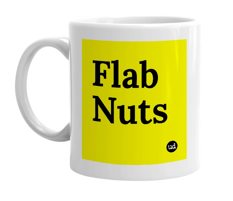 White mug with 'Flab Nuts' in bold black letters