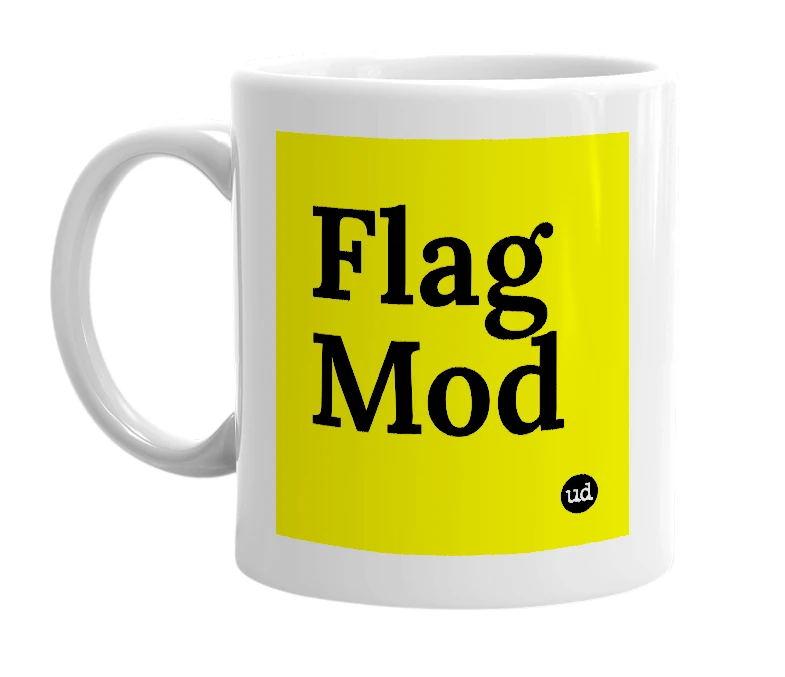 White mug with 'Flag Mod' in bold black letters