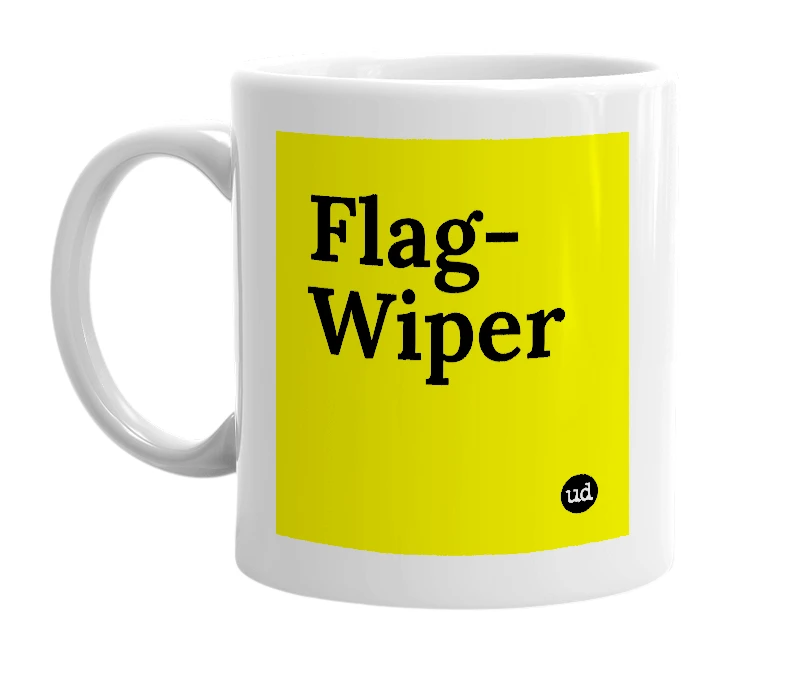 White mug with 'Flag-Wiper' in bold black letters
