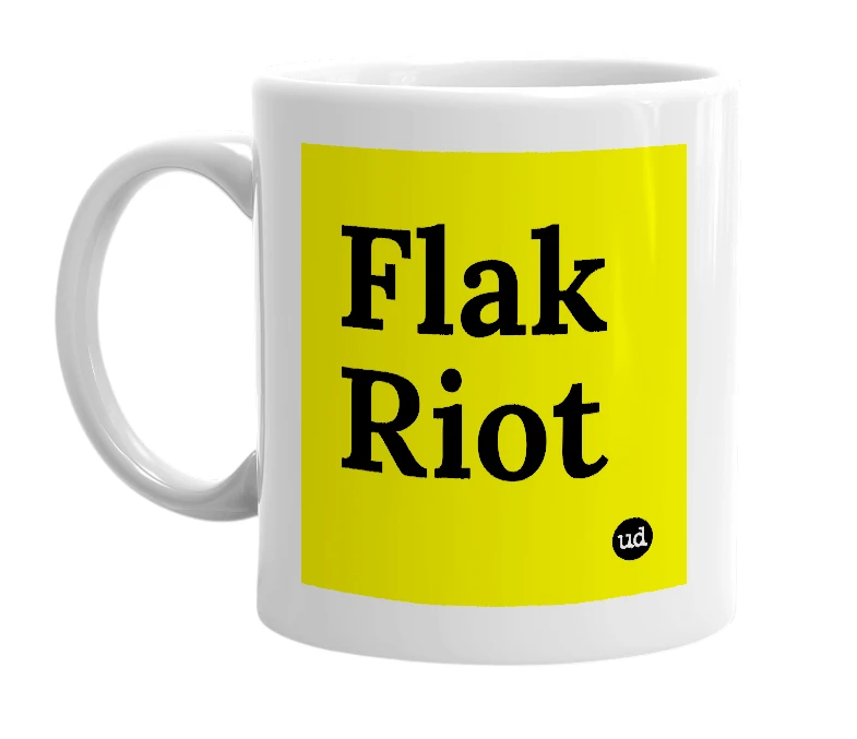 White mug with 'Flak Riot' in bold black letters