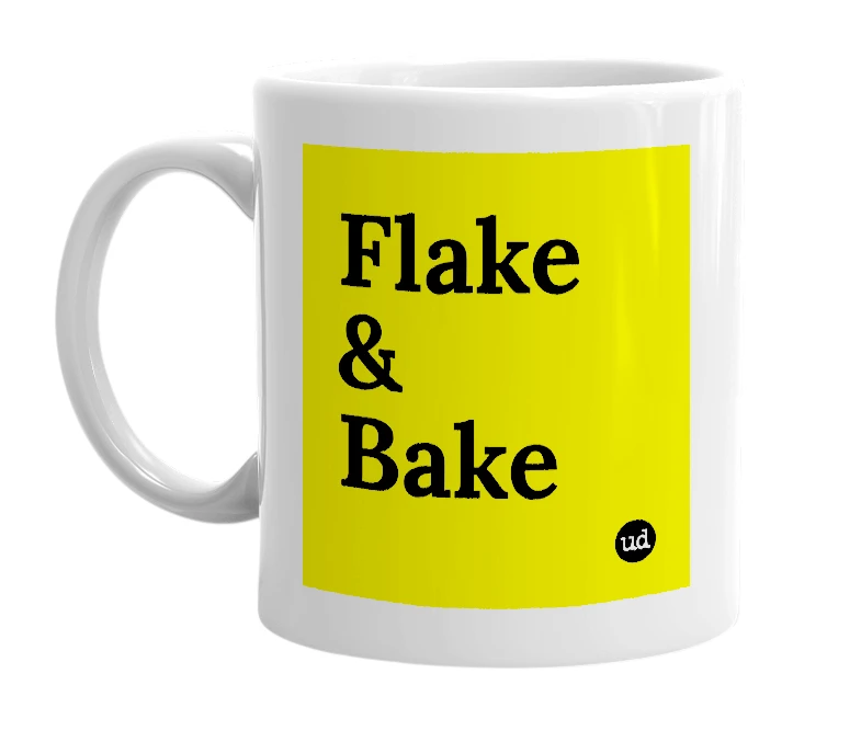 White mug with 'Flake & Bake' in bold black letters