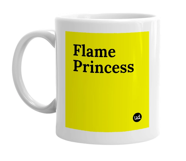 White mug with 'Flame Princess' in bold black letters