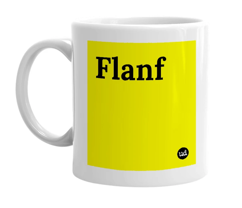 White mug with 'Flanf' in bold black letters