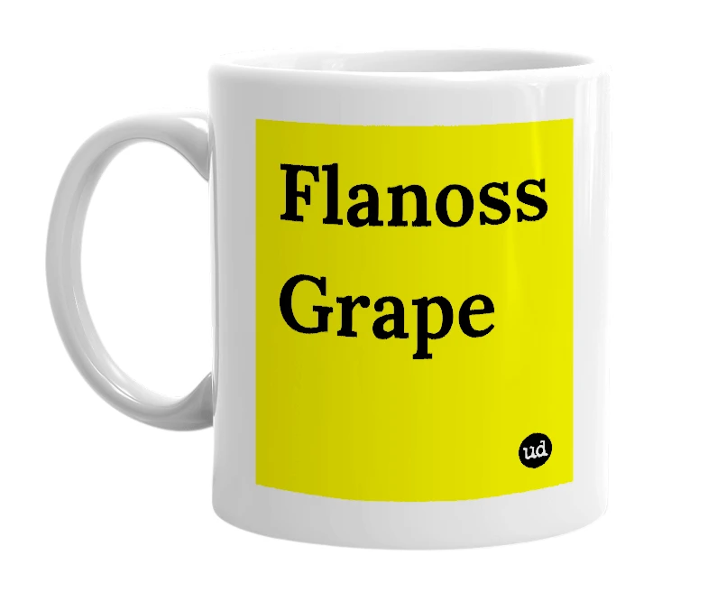 White mug with 'Flanoss Grape' in bold black letters