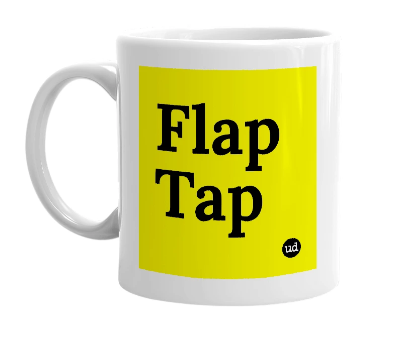 White mug with 'Flap Tap' in bold black letters