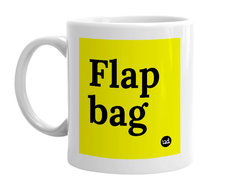 White mug with 'Flap bag' in bold black letters