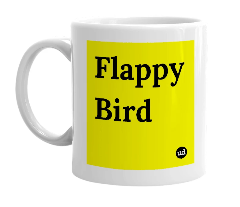 White mug with 'Flappy Bird' in bold black letters