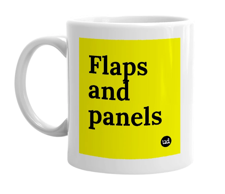 White mug with 'Flaps and panels' in bold black letters