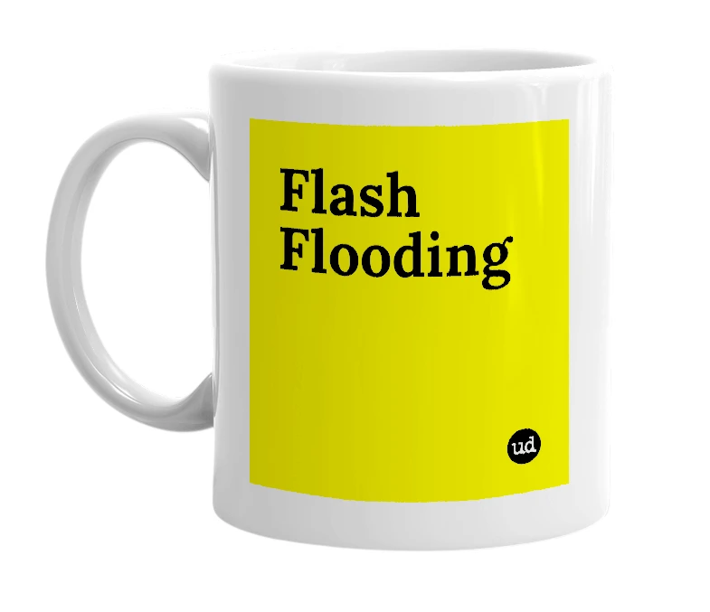 White mug with 'Flash Flooding' in bold black letters