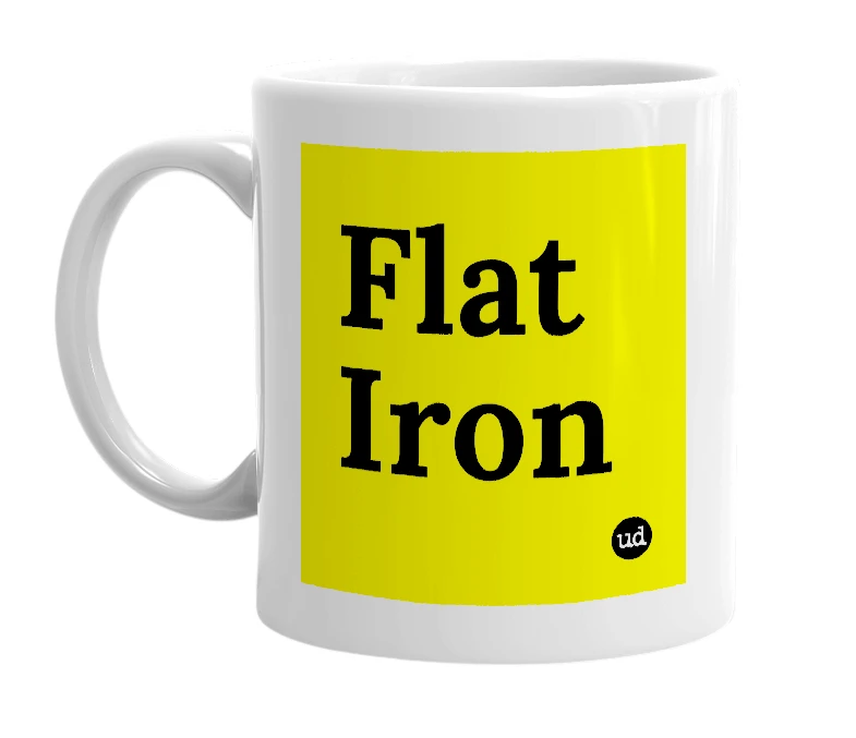 White mug with 'Flat Iron' in bold black letters