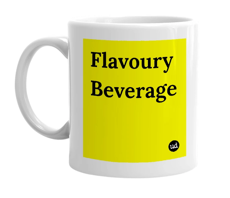 White mug with 'Flavoury Beverage' in bold black letters