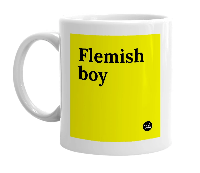 White mug with 'Flemish boy' in bold black letters