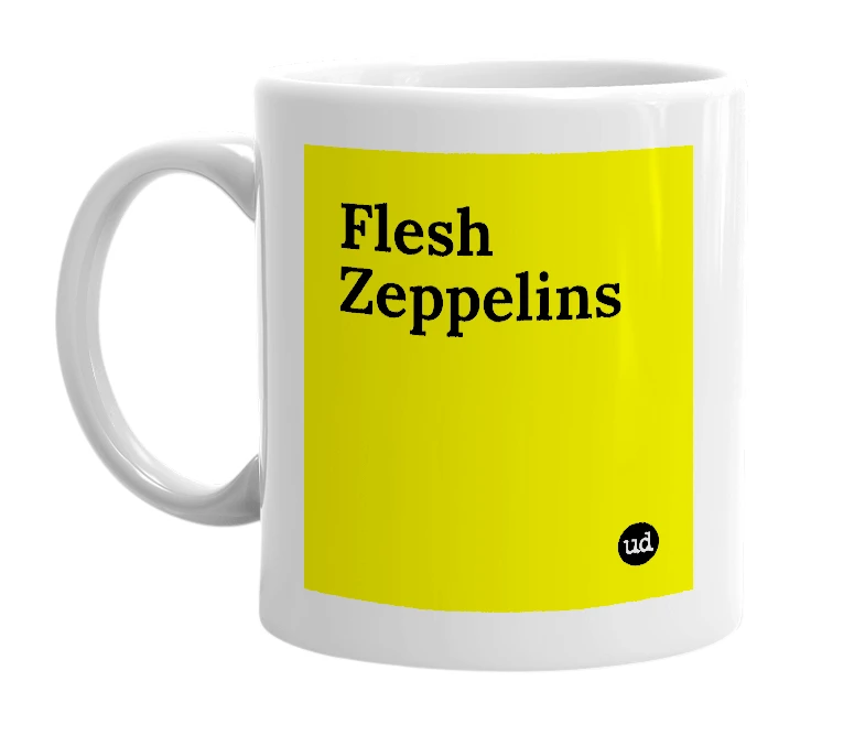 White mug with 'Flesh Zeppelins' in bold black letters