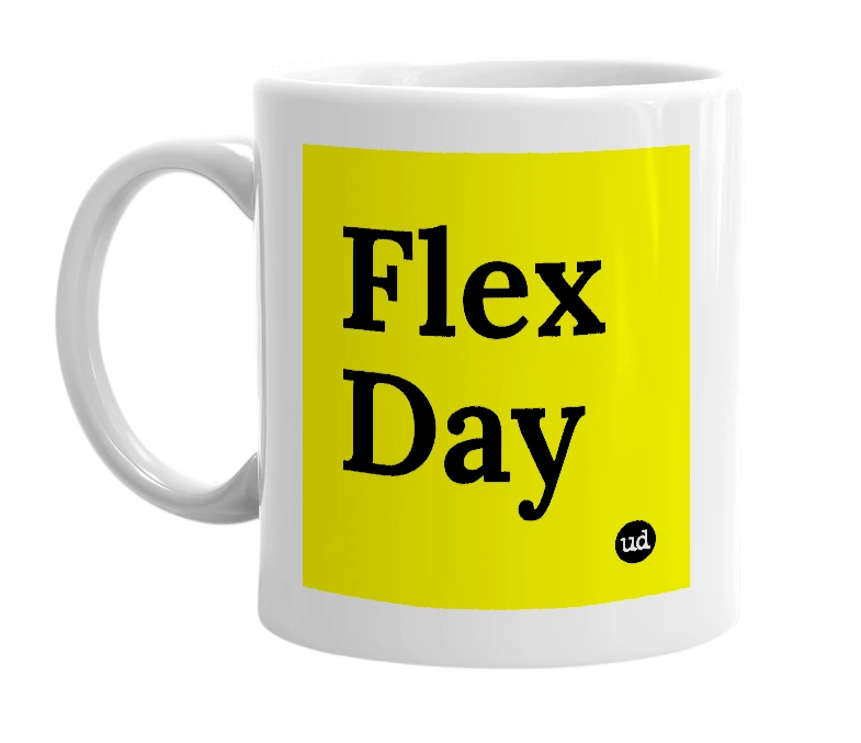 White mug with 'Flex Day' in bold black letters