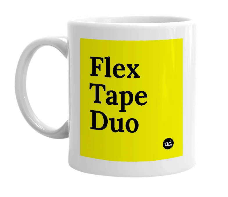 White mug with 'Flex Tape Duo' in bold black letters
