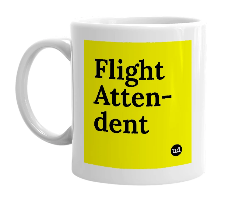 White mug with 'Flight Atten-dent' in bold black letters