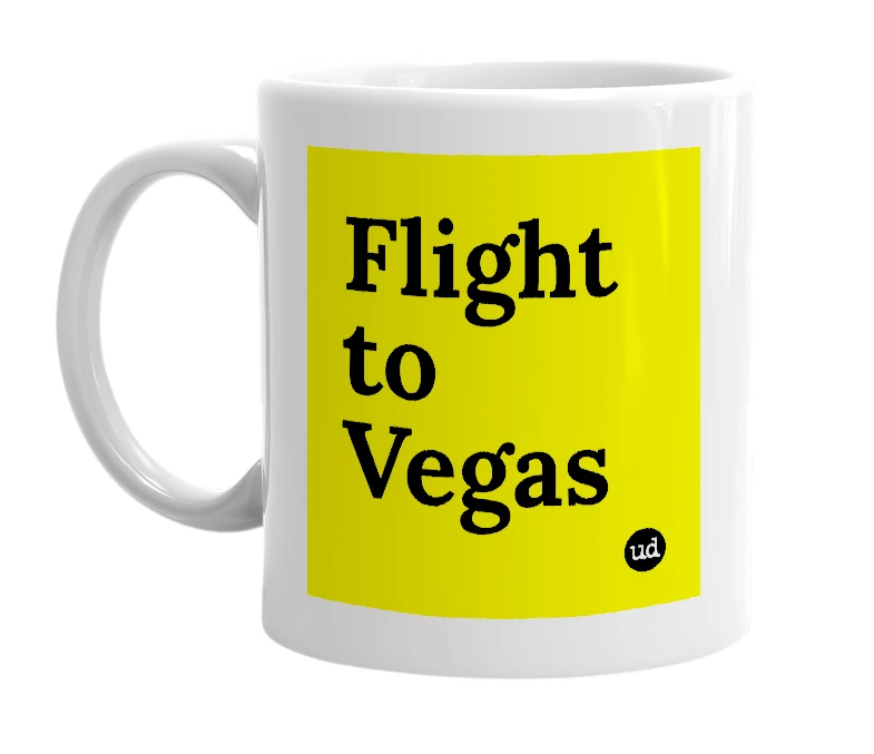 White mug with 'Flight to Vegas' in bold black letters