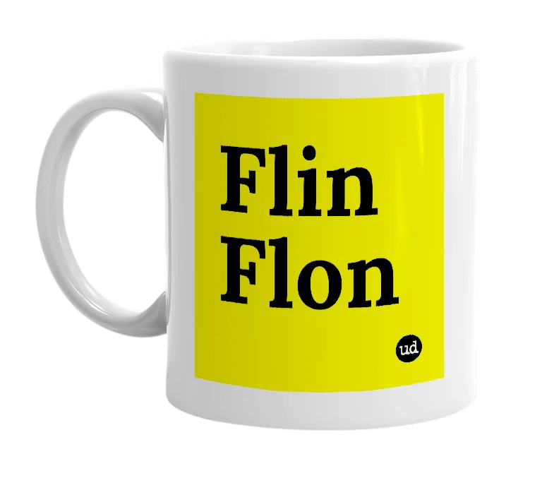 White mug with 'Flin Flon' in bold black letters