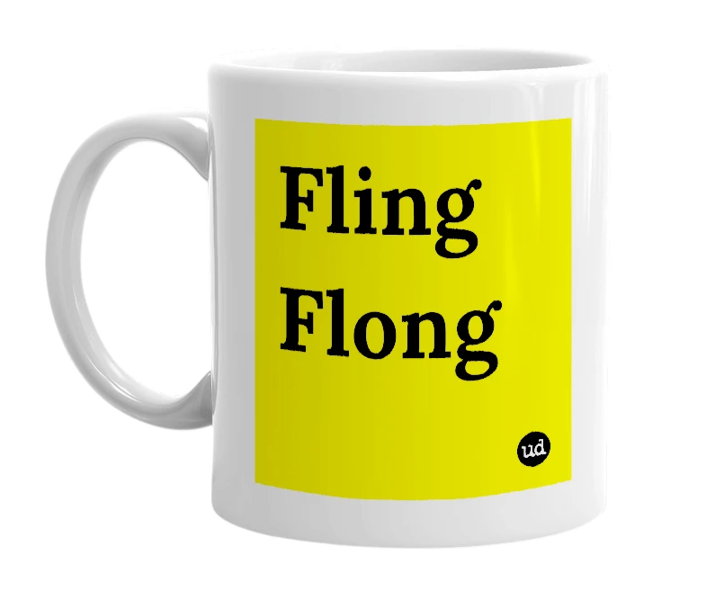 White mug with 'Fling Flong' in bold black letters