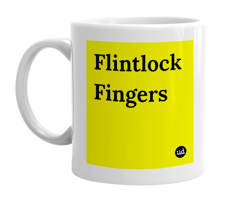 White mug with 'Flintlock Fingers' in bold black letters