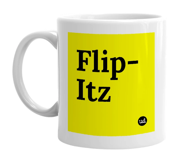 White mug with 'Flip-Itz' in bold black letters
