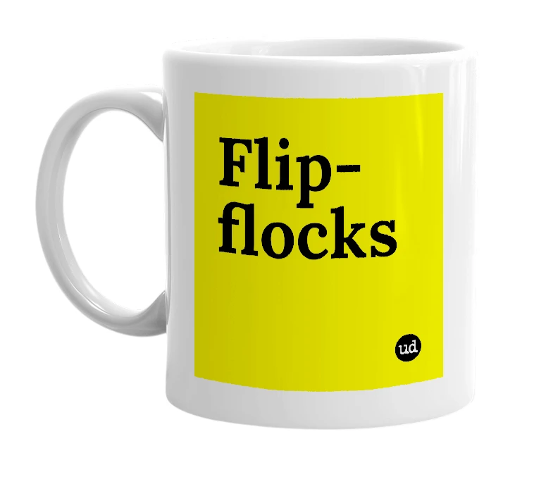 White mug with 'Flip-flocks' in bold black letters