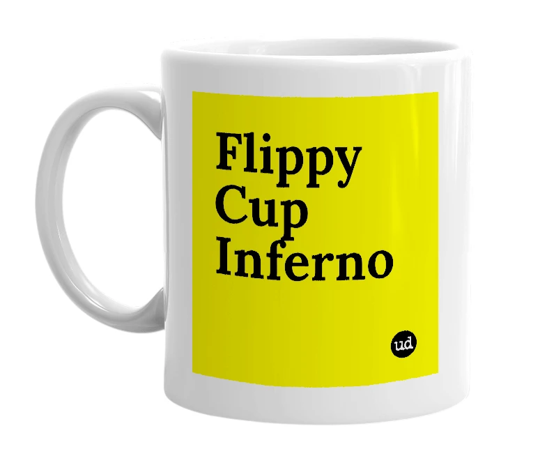 White mug with 'Flippy Cup Inferno' in bold black letters