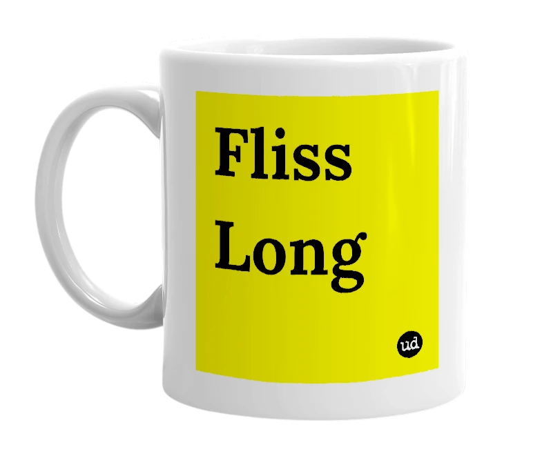 White mug with 'Fliss Long' in bold black letters